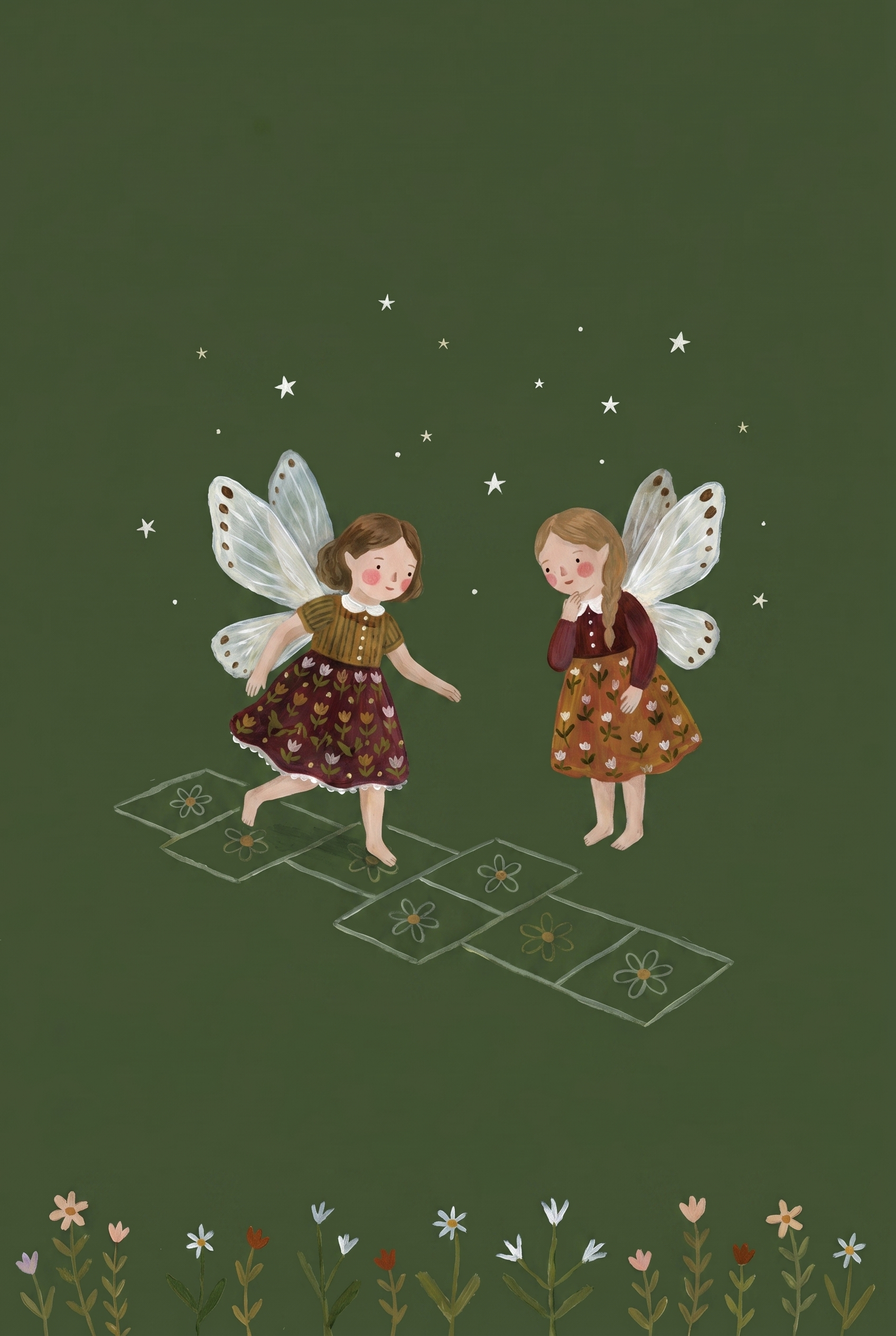 Hopscotch Playing Garden Fairies Wall Art - Starry Meadow Fairies