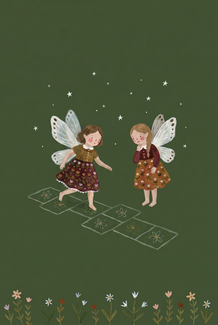 Two winged girls play on floral squares in this hopscotch playing garden fairies wall art under a starry sky.