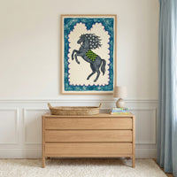 Playful nursery wall art featuring a stylized horse with a star-spangled mane and checkered saddle, adding a bold patriotic touch to a light, modern changing area.