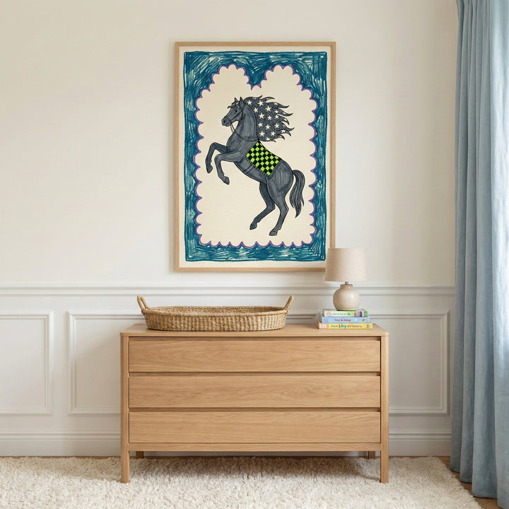 Playful nursery wall art featuring a stylized horse with a star-spangled mane and checkered saddle, adding a bold patriotic touch to a light, modern changing area.