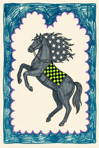 Illustration of a dark gray horse rearing on its hind legs, with a mane decorated in white stars on a blue background and a neon green checkered saddle, framed in blue and purple.
