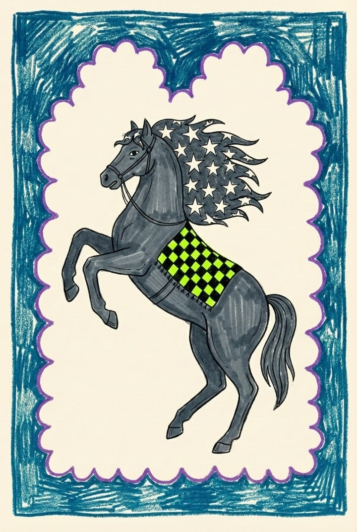 Illustration of a dark gray horse rearing on its hind legs, with a mane decorated in white stars on a blue background and a neon green checkered saddle, framed in blue and purple.