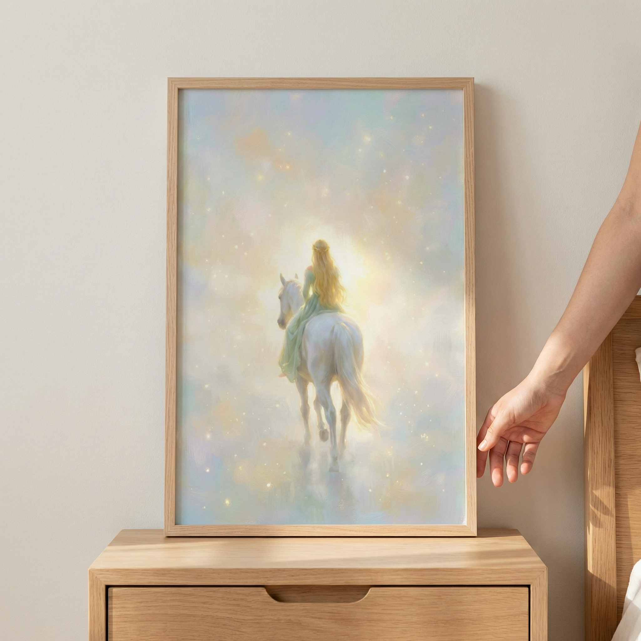 A framed painting rests on a wooden dresser, depicting a woman with long blonde hair in a flowing dress riding a white horse through a dreamy, ethereal landscape filled with soft, glowing lights.