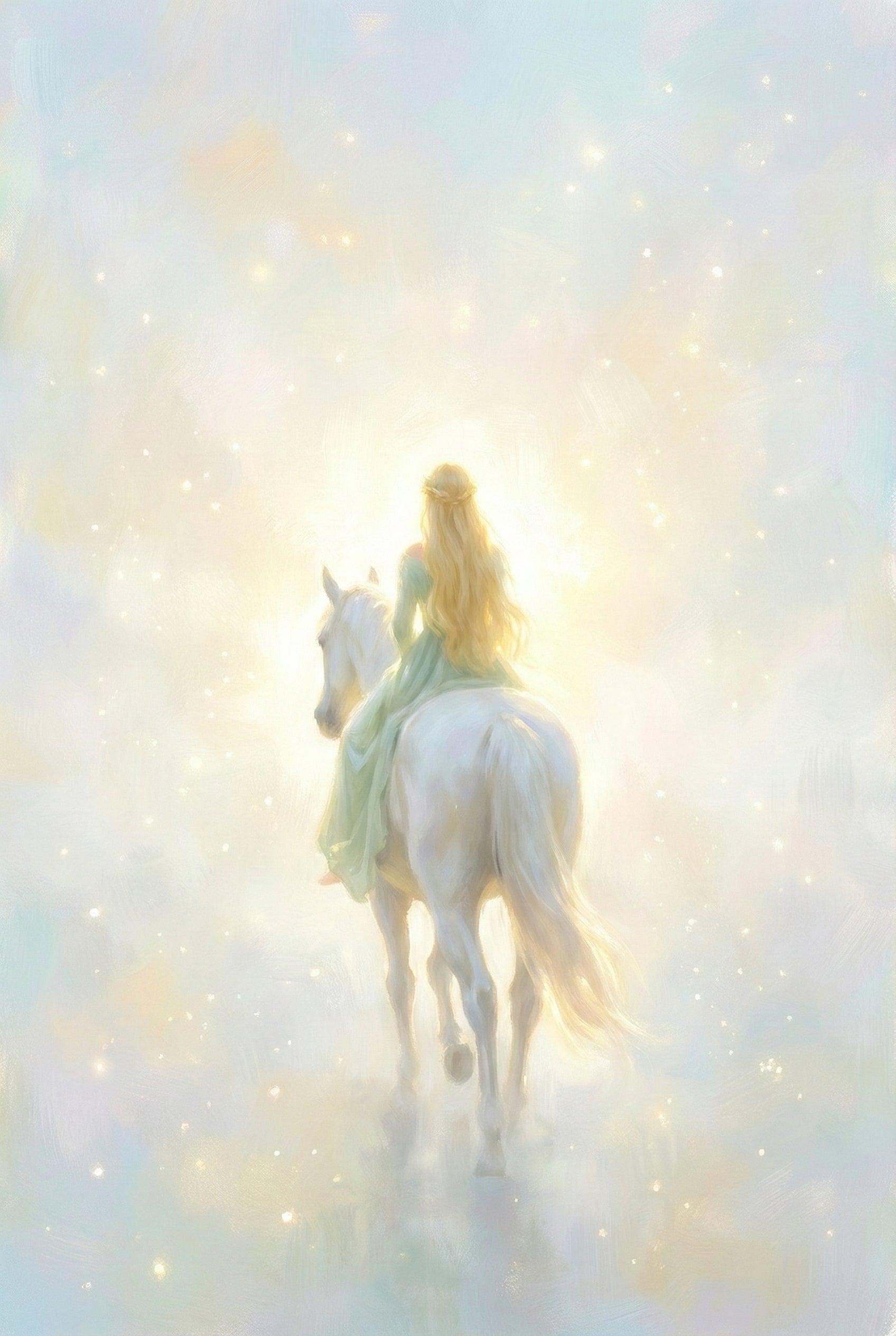 A soft digital illustration shows a woman with long, flowing blonde hair from behind, riding a majestic white horse. She wears a long, light green dress. They are moving toward a brilliant, warm light that fills the center of the image. The entire scene is hazy and ethereal, surrounded by twinkling, star-like sparkles against a pale blue and yellow background.