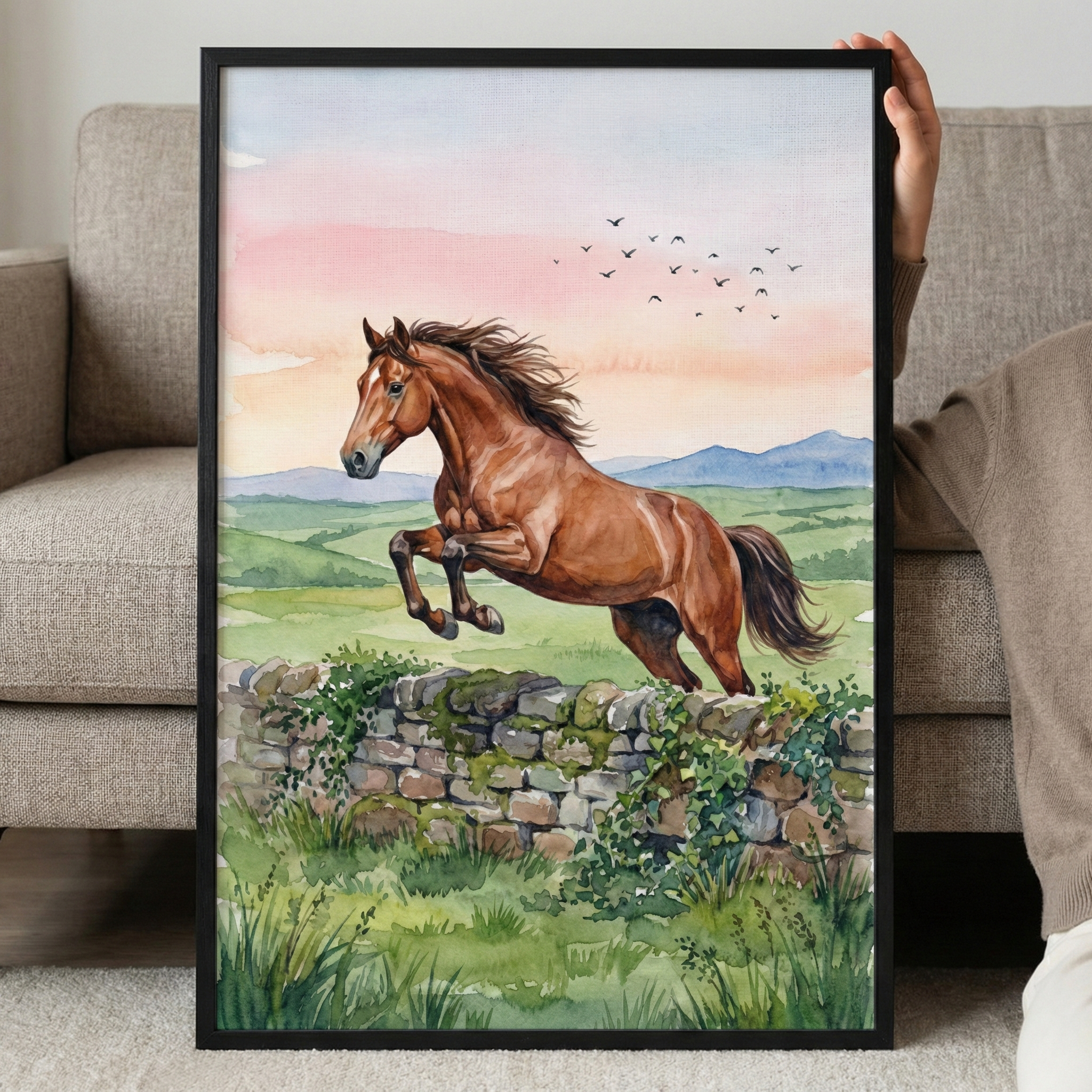 A framed watercolor artwork of a brown horse leaping over a mossy stone wall. The horse is captured in mid-air with a flowing mane and tail. The background features rolling green hills and mountains beneath a sunset sky with shades of pink and orange. A small flock of birds is visible in the sky. The piece is in a black frame, held by a person's hand against a grey couch.