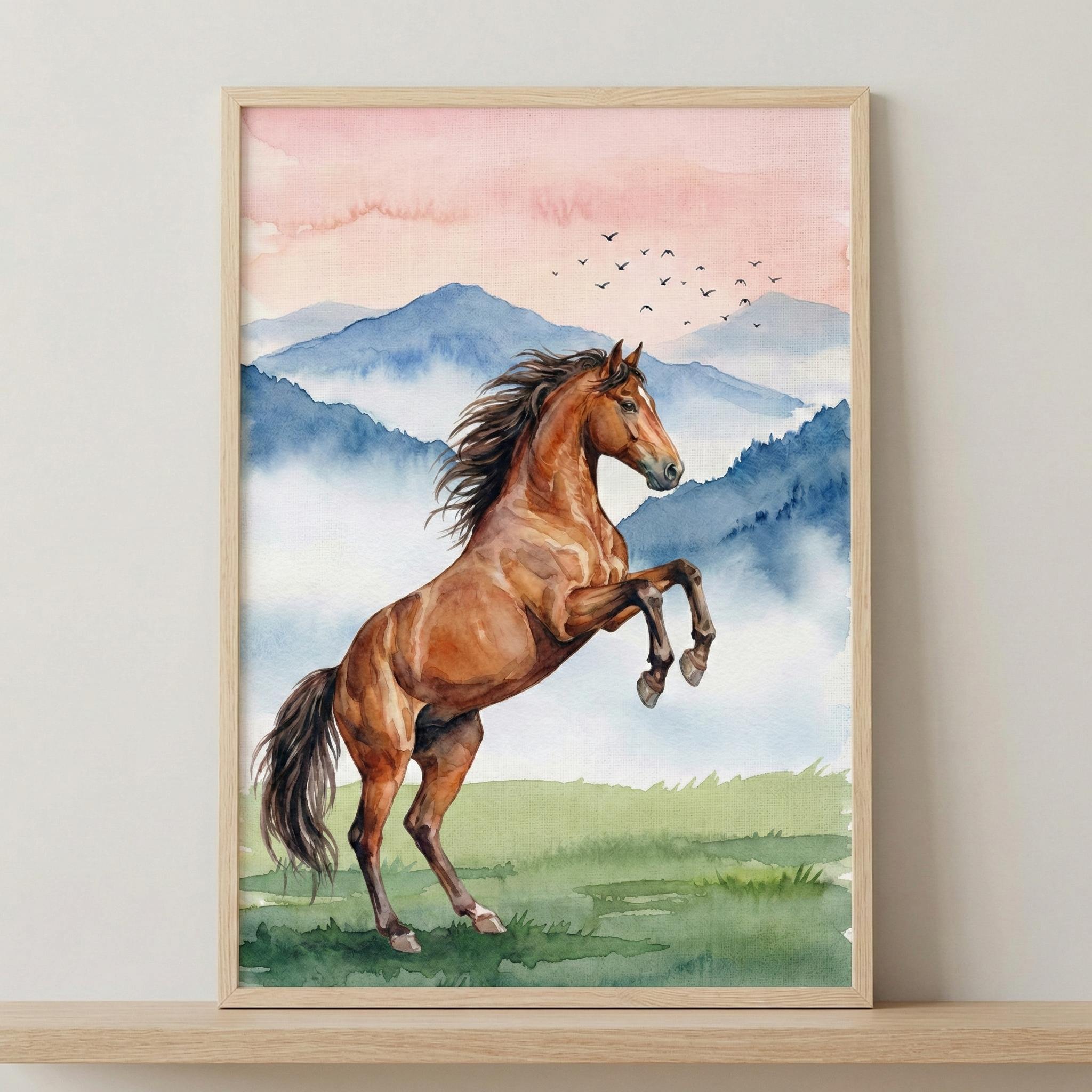 A vertical watercolor illustration of a chestnut brown horse rearing on its hind legs in a green meadow. The background features layered, misty blue mountains under a soft pink and peach sky, with a small flock of birds flying in the distance. The artwork is enclosed in a simple, light-toned wood frame and is displayed resting on a wooden shelf against a plain, neutral wall.
