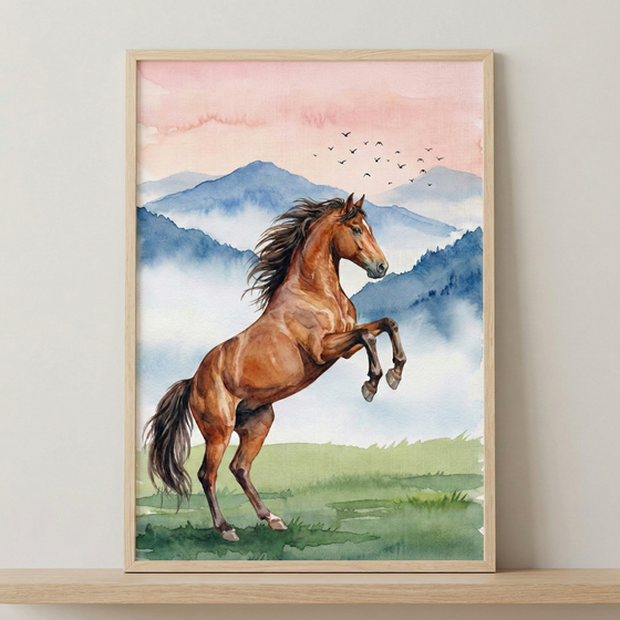A vertical watercolor illustration of a chestnut brown horse rearing on its hind legs in a green meadow. The background features layered, misty blue mountains under a soft pink and peach sky, with a small flock of birds flying in the distance. The artwork is enclosed in a simple, light-toned wood frame and is displayed resting on a wooden shelf against a plain, neutral wall.
