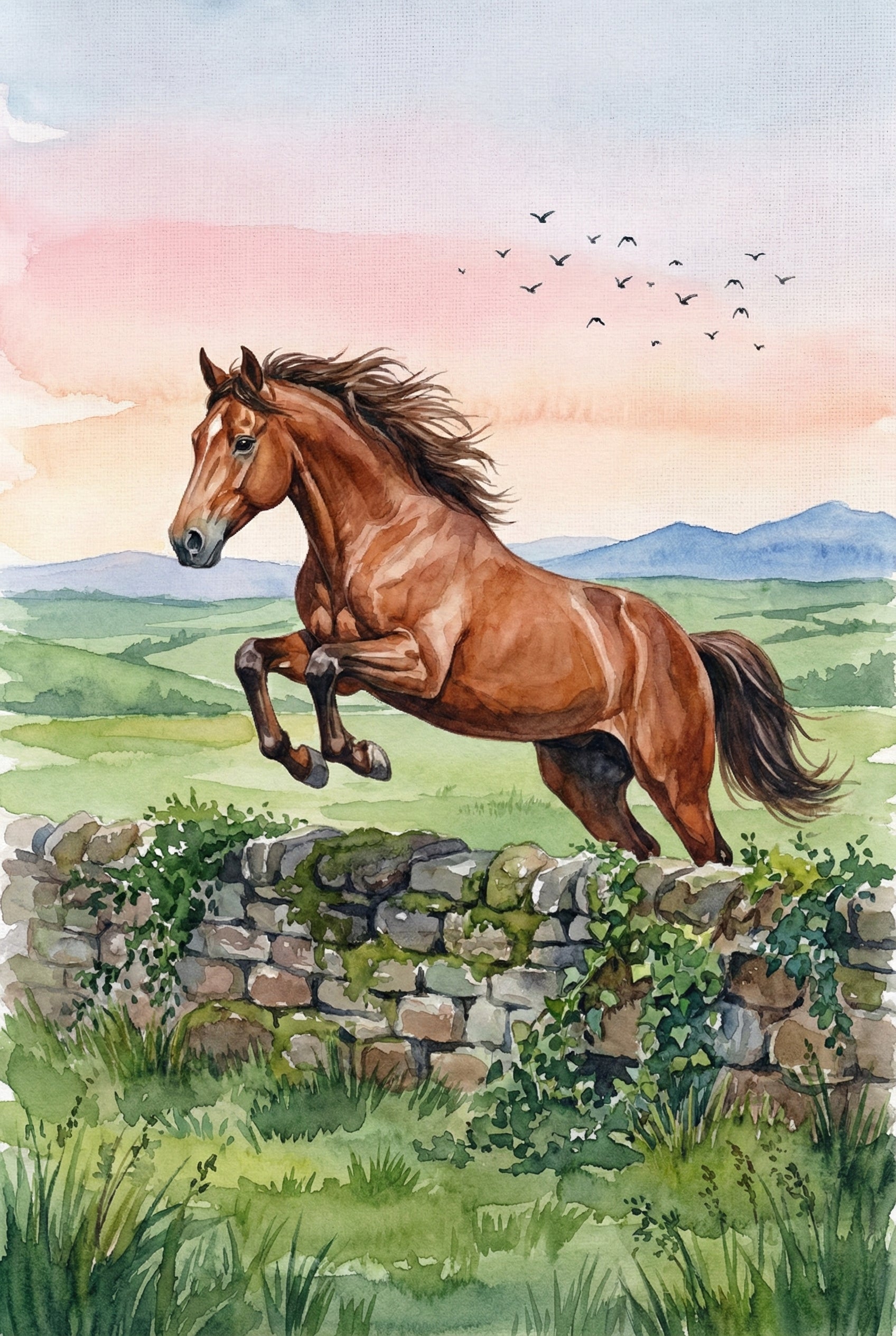 Watercolor illustration of a brown horse mid jump over a moss covered stone wall in a green countryside setting. Rolling hills and distant blue mountains stretch beneath a pink sky with birds in flight. The raised front legs and flowing mane convey motion and energy.

