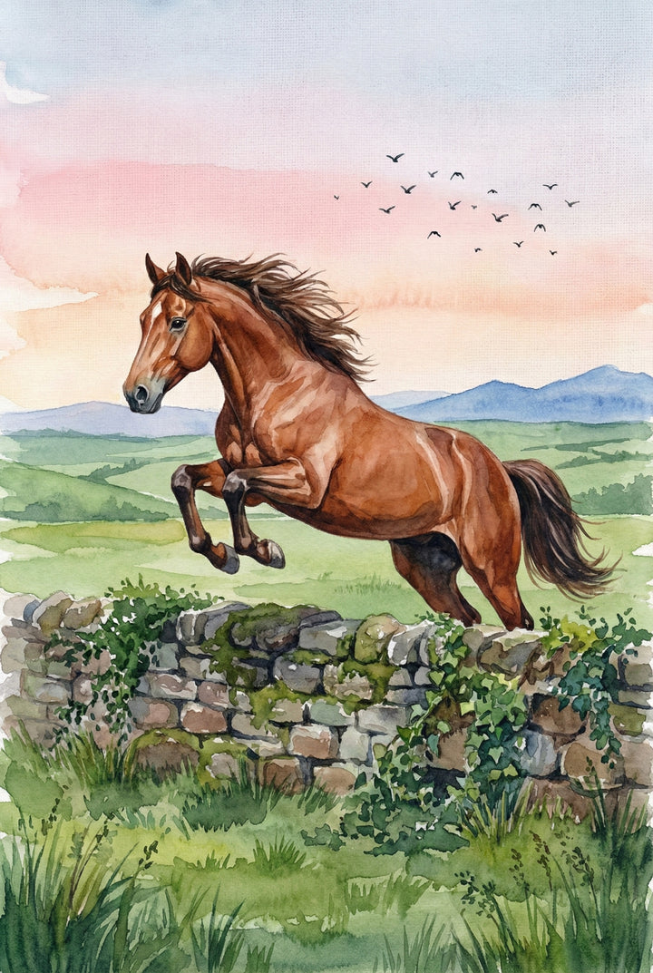 Watercolor illustration of a brown horse mid jump over a moss covered stone wall in a green countryside setting. Rolling hills and distant blue mountains stretch beneath a pink sky with birds in flight. The raised front legs and flowing mane convey motion and energy.

