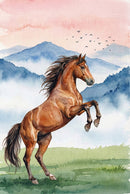 Watercolor illustration of a brown horse rearing on its hind legs in a grassy field. Misty blue mountains and a pastel pink sky with birds form a dramatic backdrop. The upright pose emphasizes power and movement.
