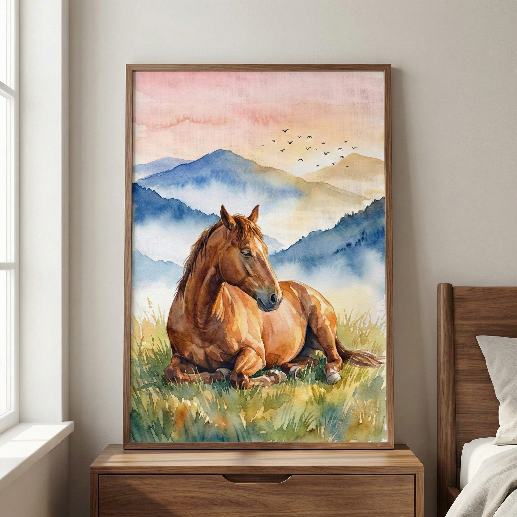 A vertical wooden-framed watercolor illustration featuring a chestnut brown horse resting in a field of long grass. The backdrop displays layered blue mountains with white mist clinging to their base, beneath a soft pink and orange sunset sky. A small flock of birds flies across the upper right. The artwork is displayed on a neutral-toned wall above a light wood dresser. To the left is a white window frame, and to the right, the edge of a wooden bed frame with a white pillow is visible.