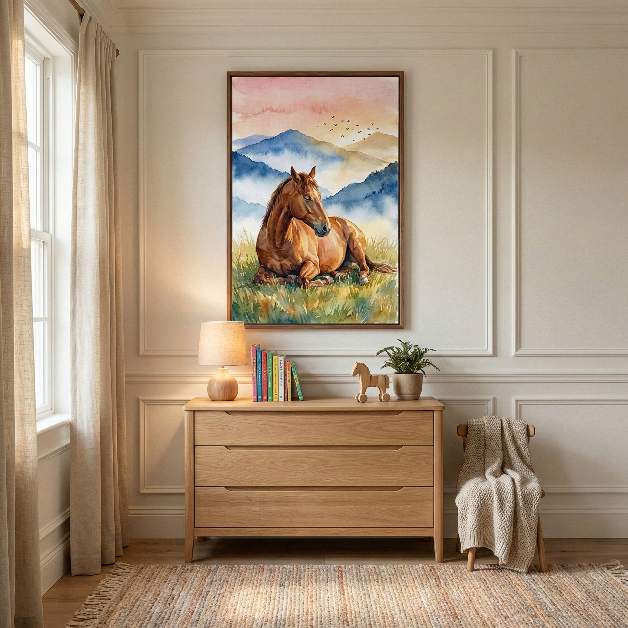 A brightly lit room interior showcases a light wood three-drawer chest against a cream-colored wall featuring classic wall molding. Resting on the chest is a small lamp with a fabric shade, a row of colorful books, a small wooden horse figurine, and a potted plant in a ceramic bowl. Above the chest, a large, rectangular framed watercolor artwork depicts a brown horse lying in a field of green grass, with misty blue mountains and a soft sunset sky in the background. 