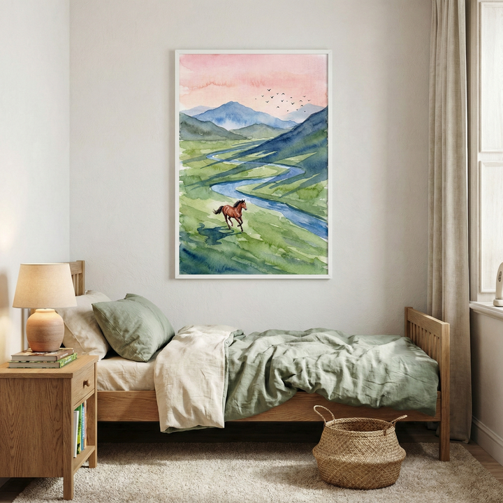 A vertical piece of framed wall art hangs above a twin bed in a neutrally decorated room. The artwork depicts a serene landscape in a soft, fluid watercolor style. In the scene, a brown horse gallops across a vibrant green valley, which is divided by a winding blue river. In the distance, layers of blue-grey mountains rise toward a soft pink and peach-colored sky, where a small flock of birds is seen flying.

