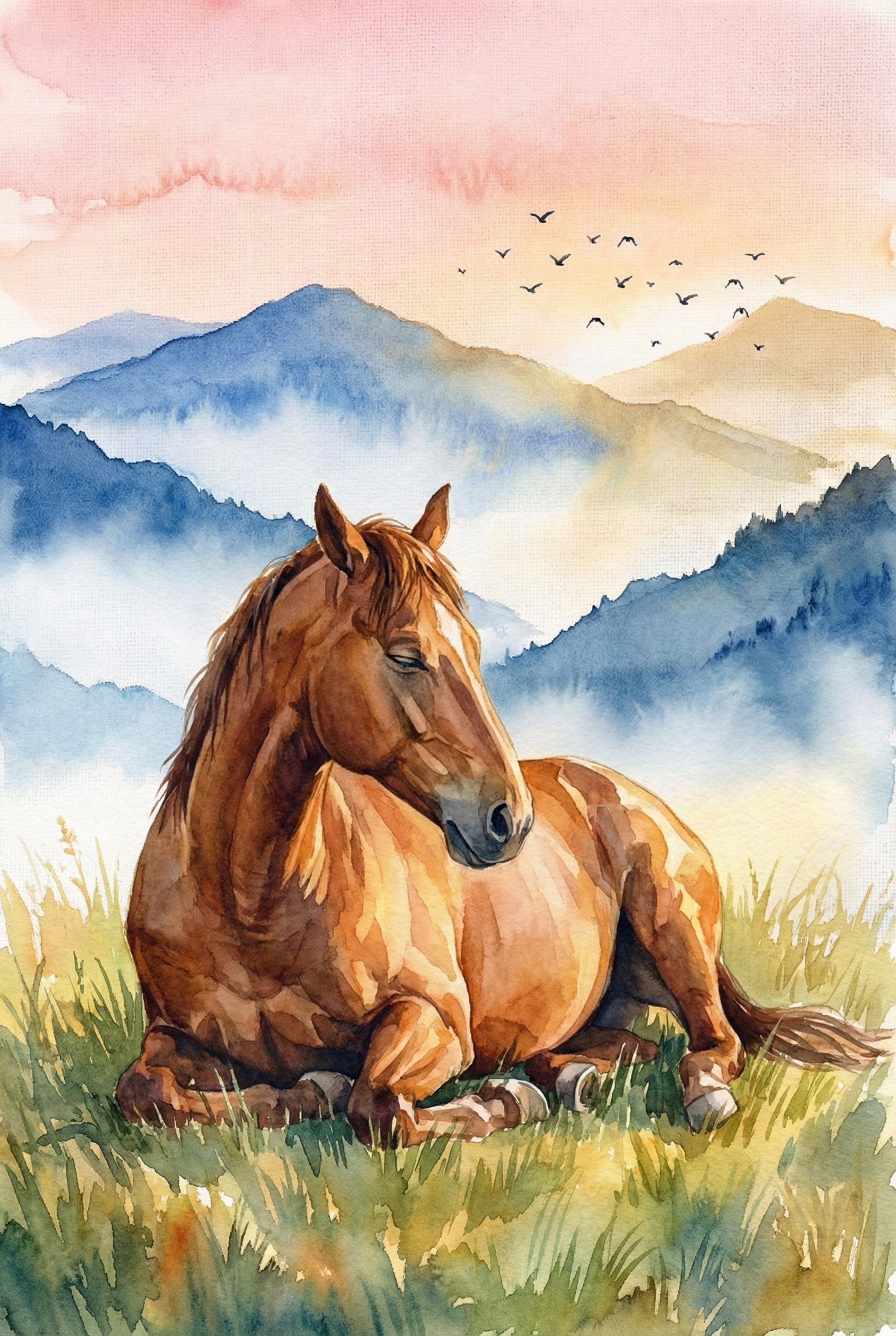 Watercolor illustration of a brown horse lying down in tall green grass with layered blue mountains behind it. The sky glows in soft pink and peach tones while birds fly overhead. The relaxed pose creates a tranquil pastoral mood.
