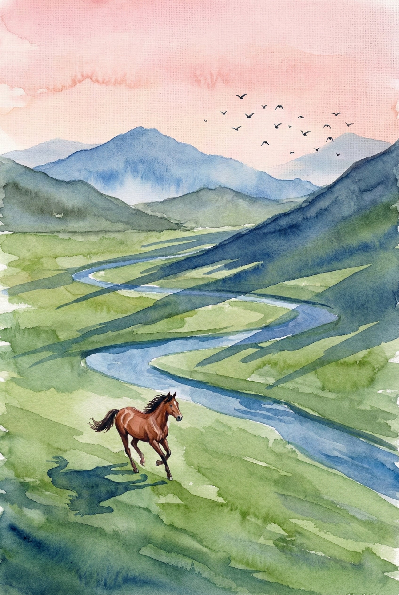 Watercolor illustration of a brown horse galloping across a wide green valley with a winding river cutting through the landscape. Long mountain shadows stretch across the hills under a pink sky with distant birds. The small scale of the horse against the vast scenery emphasizes freedom and open space.


