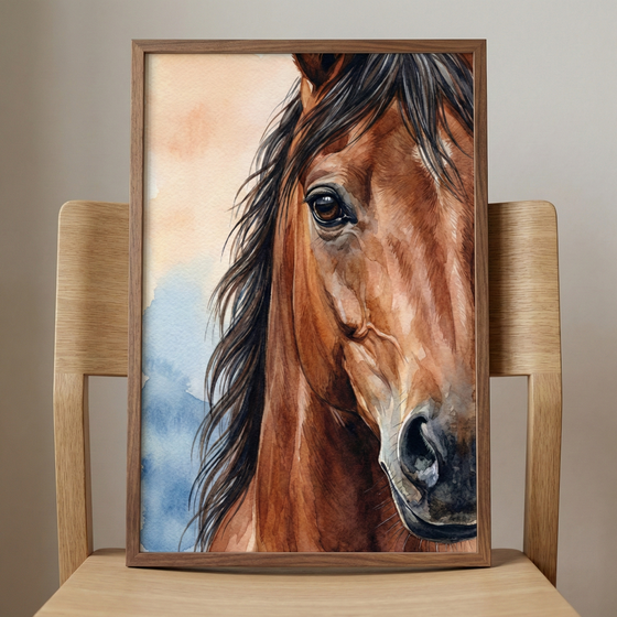 A framed watercolor illustration of a brown horse's head sits on a light wooden chair against a neutral wall. The close-up portrait shows the horse's expressive dark eye, detailed muzzle, and flowing dark mane. The artwork's background consists of soft, blended washes of pale orange and blue. The piece is encased in a simple, thin wooden frame that matches the natural wood of the chair it's propped on.