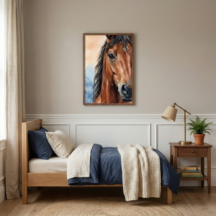 A cozy bedroom features a light wooden twin bed against a neutral wall with white wainscoting. Above the bed hangs a large framed artwork showing a close-up portrait of a brown horse's head with a dark mane. The bed is dressed in navy blue and cream bedding, layered with a chunky knit throw. A small wooden nightstand sits beside the bed, holding a brass-toned lamp, a potted green plant, and a few books. A round, woven rug lies on the light-colored wood floor.