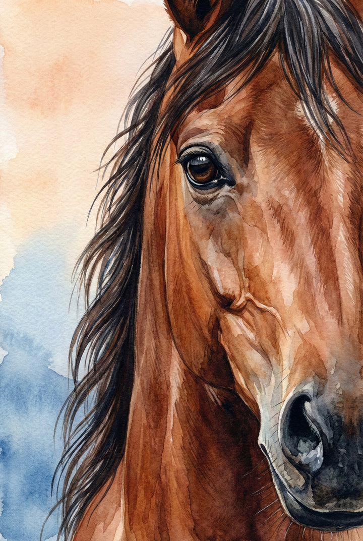 Detailed watercolor close up of a brown horse’s face focusing on its dark eye, textured coat, and flowing mane. Soft blue mountains blur in the background, keeping attention on the horse’s calm expression. The image highlights strength and quiet presence.


