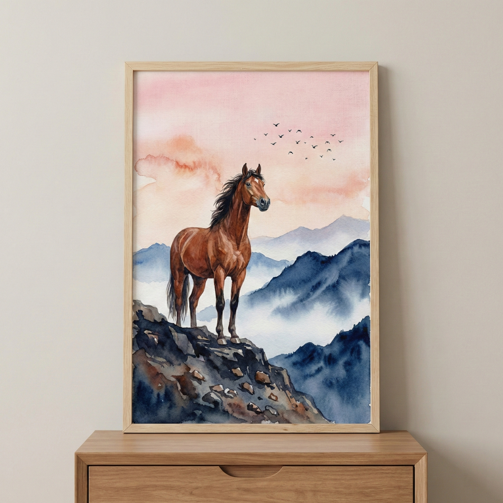 This watercolor art piece depicts a brown horse standing atop a dark, rocky outcrop. The background features a series of deep blue mountain peaks emerging from soft white mist. Above, the sky is a blend of pale pink and orange, with a flock of small birds in flight. The artwork is housed in a natural wood frame and sits on a wooden chest of drawers against a neutral, light-colored wall.