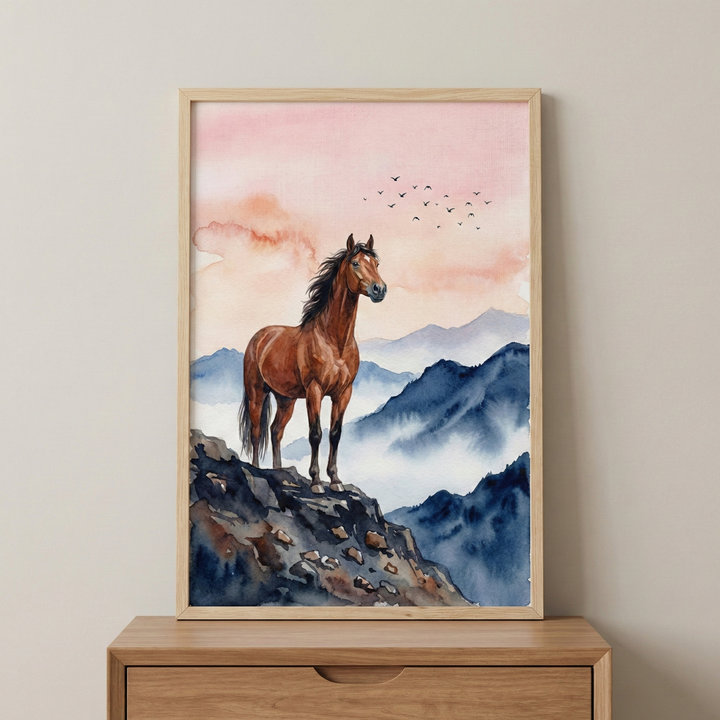 This watercolor art piece depicts a brown horse standing atop a dark, rocky outcrop. The background features a series of deep blue mountain peaks emerging from soft white mist. Above, the sky is a blend of pale pink and orange, with a flock of small birds in flight. The artwork is housed in a natural wood frame and sits on a wooden chest of drawers against a neutral, light-colored wall.
