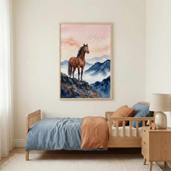 A vertical framed wall art piece featuring a watercolor-style illustration of a brown horse standing on a rocky cliffside. Behind the horse, layers of blue mountains are shrouded in white mist, set against a soft sunset sky of pink and orange with small bird silhouettes. The art is centered on a light beige wall above a wooden bed frame. The bed is made with a blue duvet and an earthy orange throw. To the right, a wooden bedside table holds a cylindrical cream lamp and a small wooden horse figurine. 