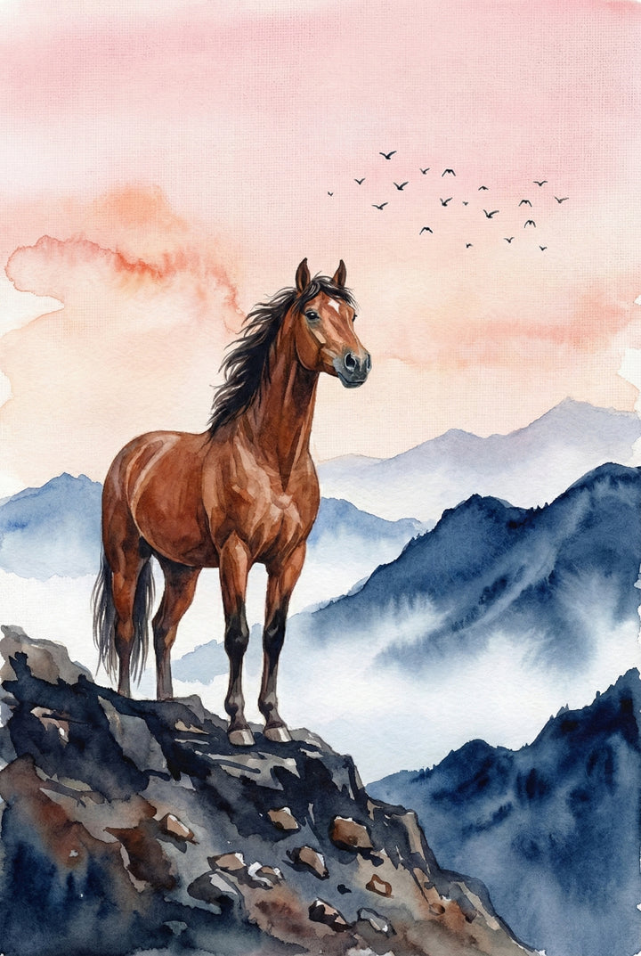 Watercolor illustration of a brown horse standing confidently on a rocky mountain ledge above misty blue ridges. The sky is washed in soft pink tones with birds flying in the distance. The elevated viewpoint emphasizes strength, solitude, and a sense of freedom.
