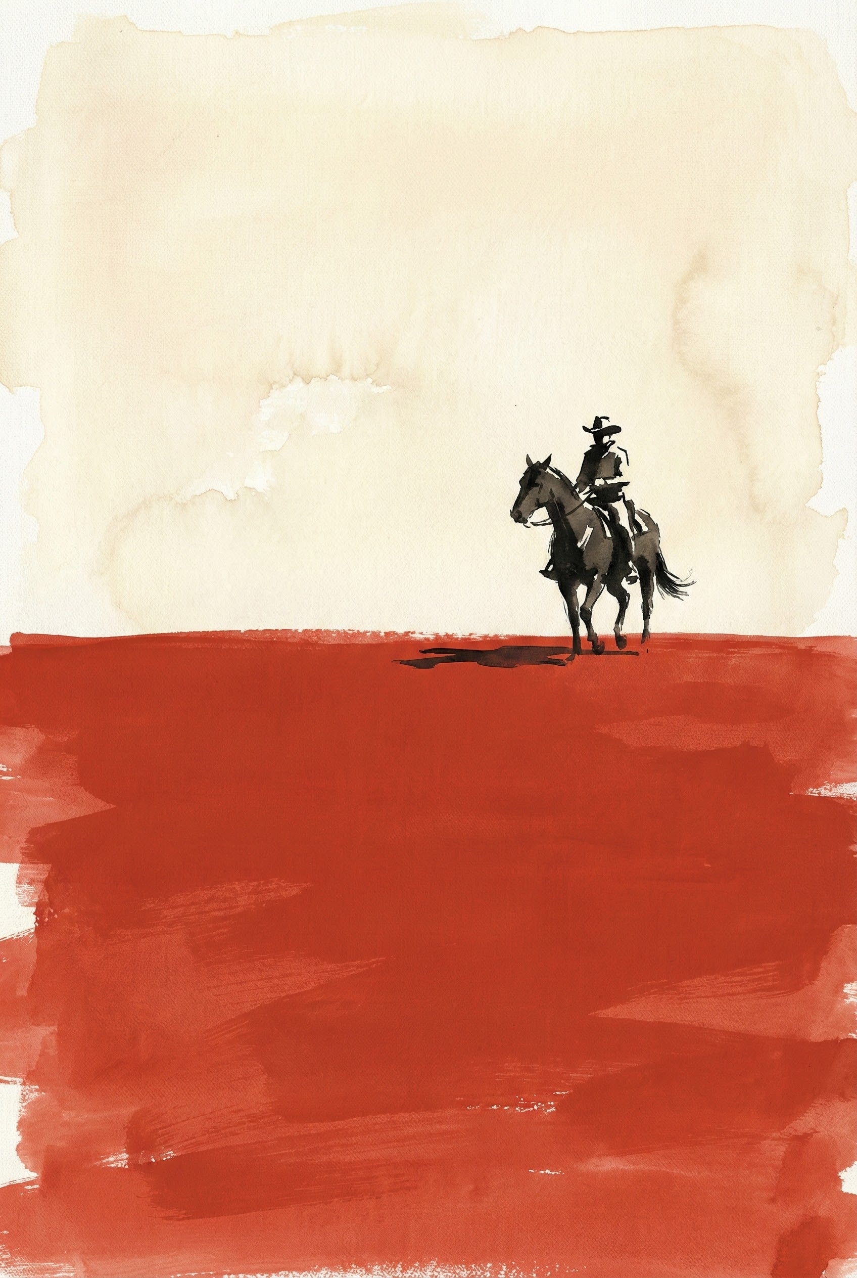 Minimalist watercolor painting of a cowboy on horseback standing in the middle of a vast red desert. The bottom half of the image is filled with bold, textured red brushstrokes, while the top fades into a pale beige sky. The cowboy, depicted in dark tones, appears small against the expansive landscape, emphasizing solitude and openness.