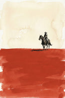 Minimalist watercolor painting of a cowboy on horseback standing in the middle of a vast red desert. The bottom half of the image is filled with bold, textured red brushstrokes, while the top fades into a pale beige sky. The cowboy, depicted in dark tones, appears small against the expansive landscape, emphasizing solitude and openness.