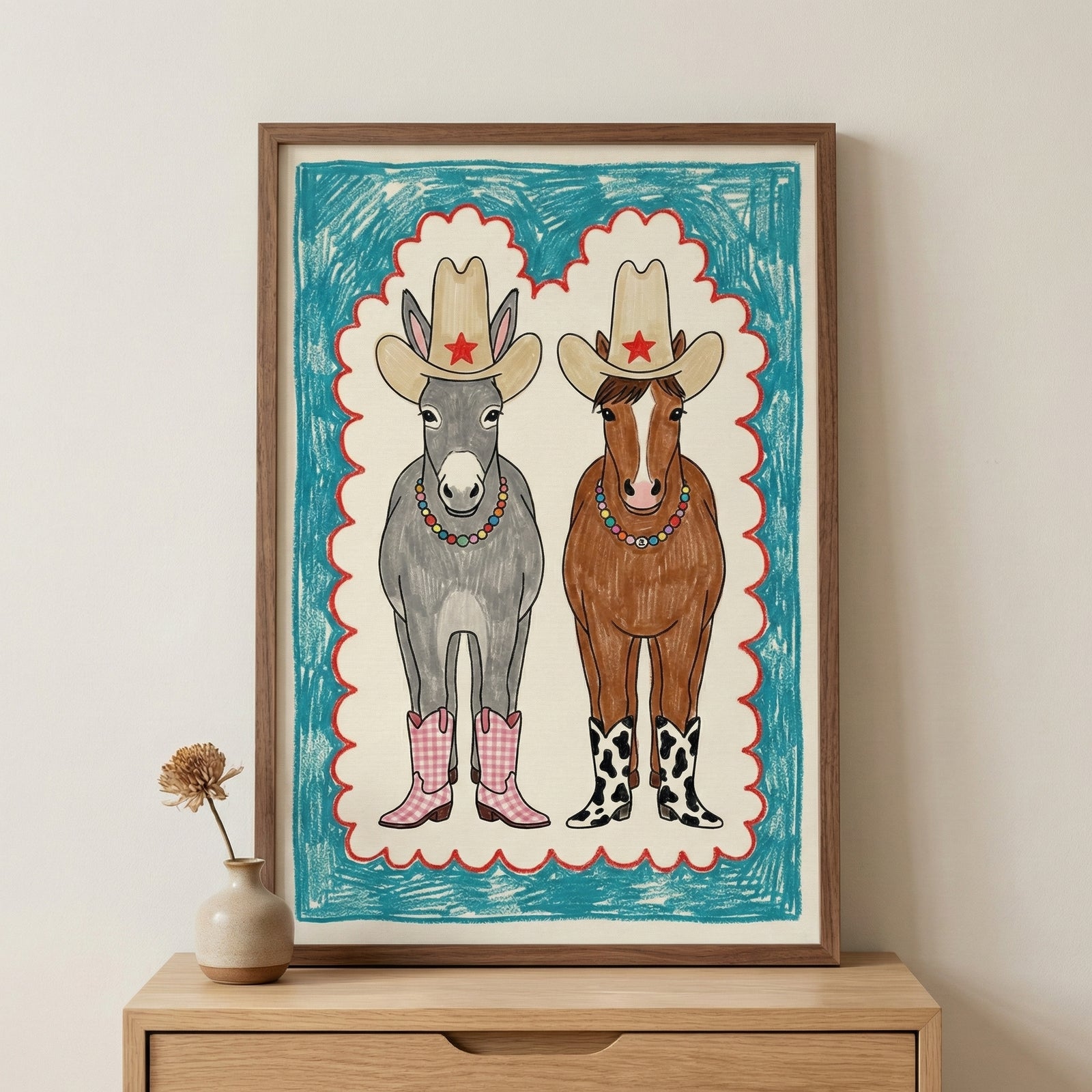 Whimsical drawing of a cowboy donkey and a cowboy horse side by side, wearing star-studded hats, colorful necklaces, and patterned cowboy boots, framed in a playful red and blue border.