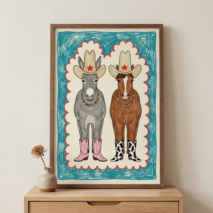 Whimsical drawing of a cowboy donkey and a cowboy horse side by side, wearing star-studded hats, colorful necklaces, and patterned cowboy boots, framed in a playful red and blue border.