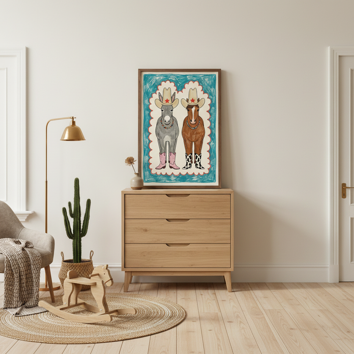 Playful cowboy-themed animal art featuring a donkey and a horse in hats and boots, displayed above a wooden dresser in a cozy, western-inspired nursery.