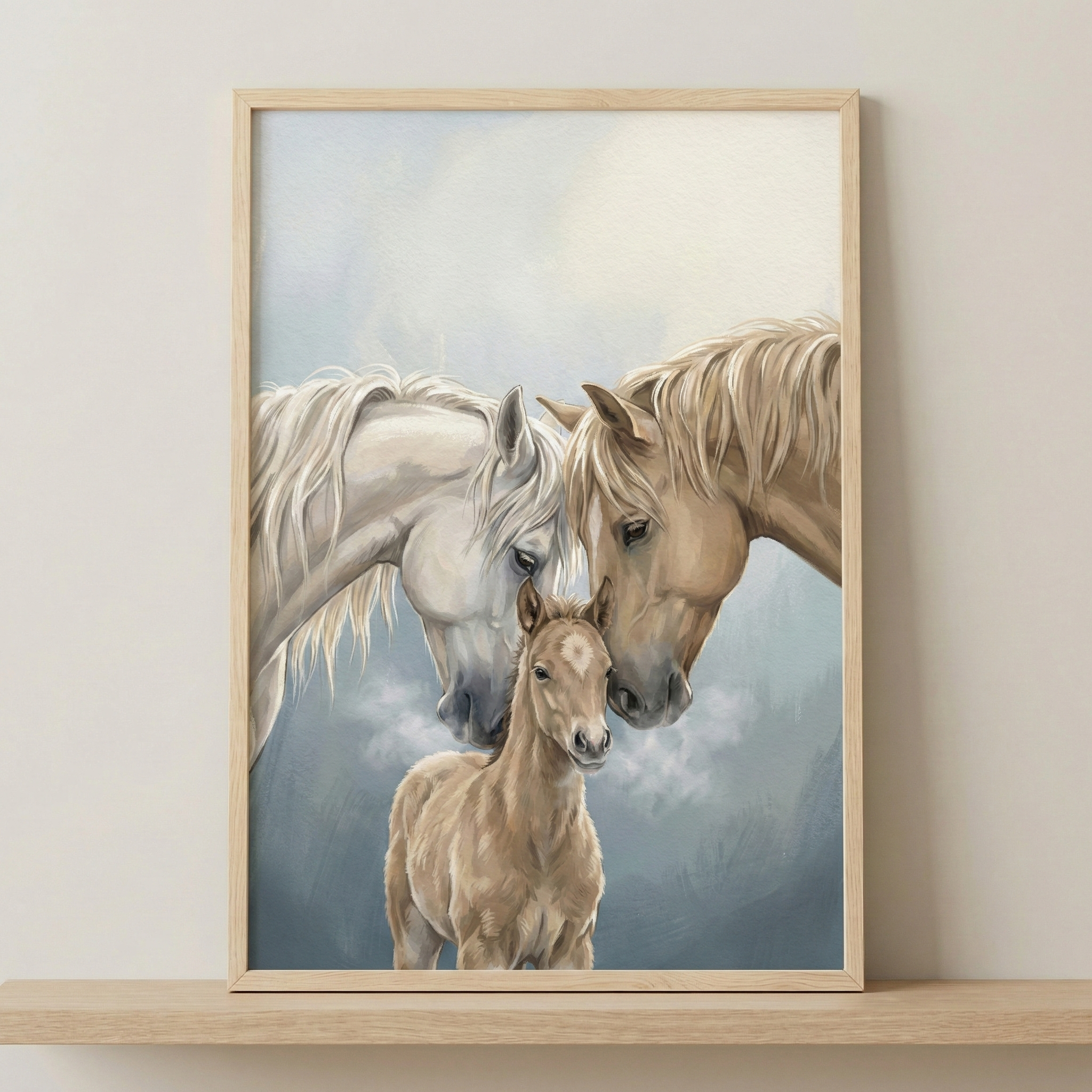 A framed illustration depicts a family of three horses. A white horse and a light brown horse bow their heads together over a small, matching light brown foal standing in the center. The horses feature soft, detailed manes and gentle expressions. The background consists of a hazy blend of blue and white tones, creating a serene, dreamlike atmosphere. The artwork is presented in a light-toned wooden frame, resting on a wooden shelf against a plain, off-white wall.