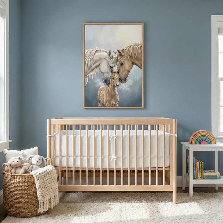 A serene nursery features a light-colored wooden crib centered against a dusty blue wall. Above the crib hangs a large framed piece of art showing a white horse and a tan horse nuzzling a small foal. To the left, a woven basket holds plush stuffed animals and a textured cream blanket. On the right, a small white table displays a colorful wooden rainbow toy and several children's books. A soft, high-pile rug covers the floor, completing the calm and inviting space.
