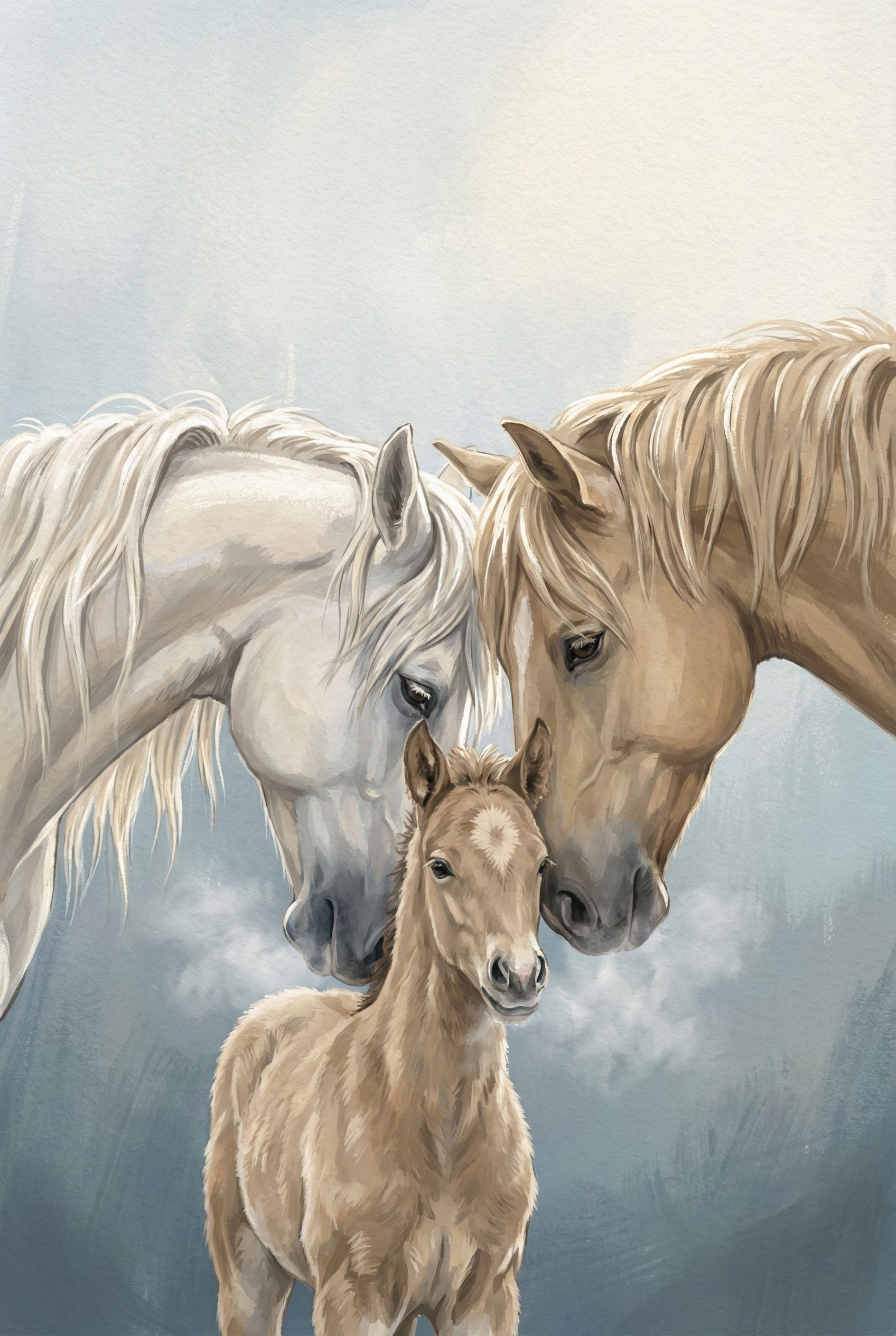 A close-up portrait of two adult horses gently nuzzling a foal between them, with soft misty breath visible in the cool morning air.
