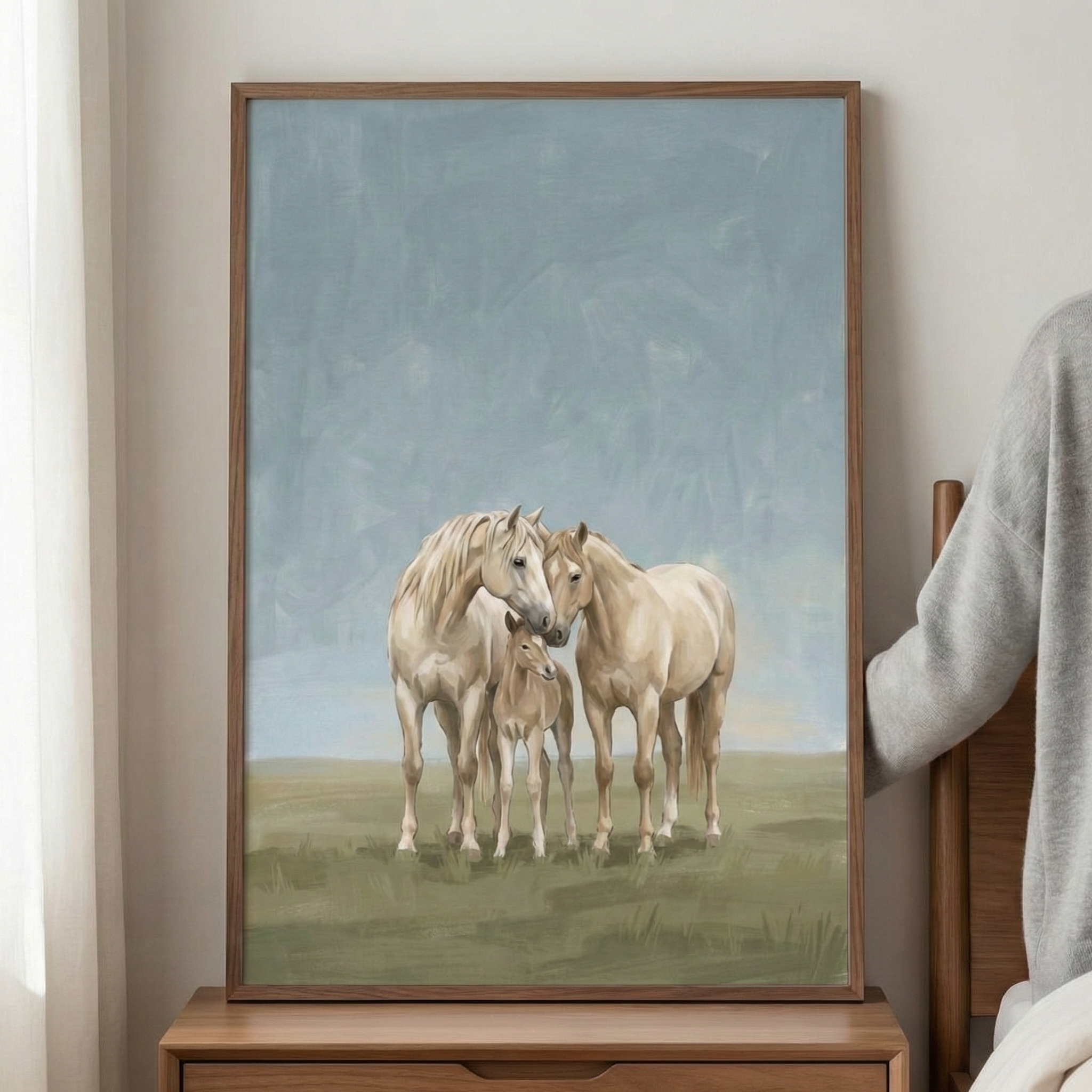 A vertical framed artwork showcases a trio of light-brown horses in a serene outdoor setting. Two larger horses stand close together, their heads bowed towards each other, while a smaller foal stands nestled between them. The horses feature smooth, light coats and flowing manes. 