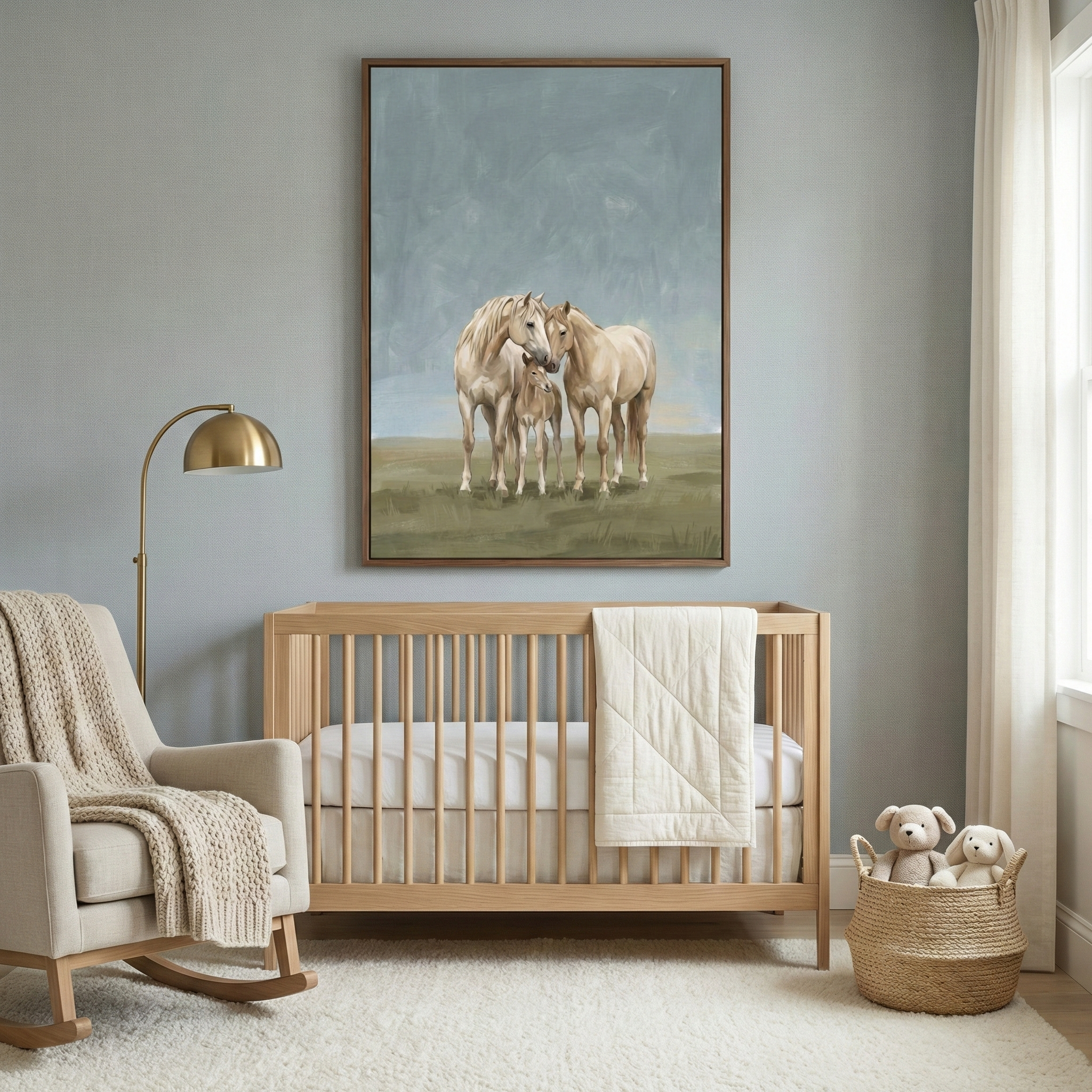 A cozy, neutral-toned nursery featuring a framed wall art print of three horses standing together on a grassy field. The room includes a light wood crib, a cream rocking chair with a knitted throw, a gold floor lamp, and a woven basket with two stuffed animals, creating a soft, serene space.