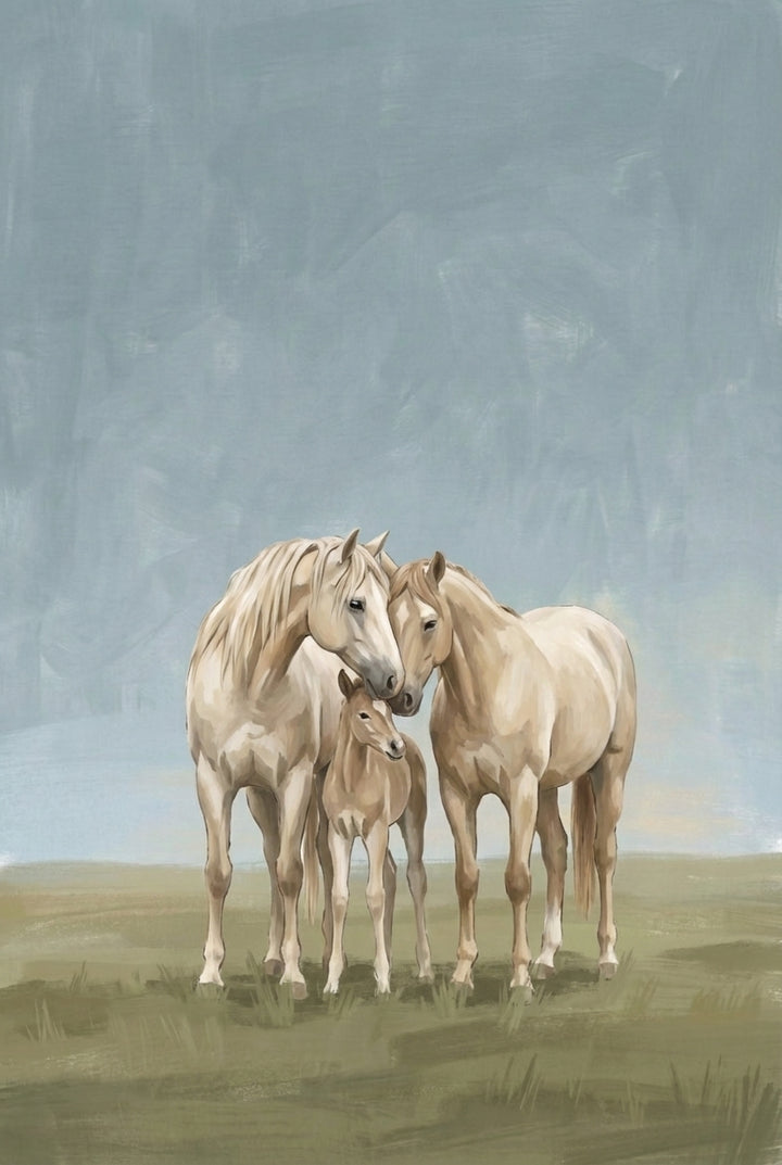 A soft, painterly illustration of a horse family—two adults and a foal—standing closely together on a grassy field. The horses gently lean into each other, radiating warmth and connection under a muted blue sky.