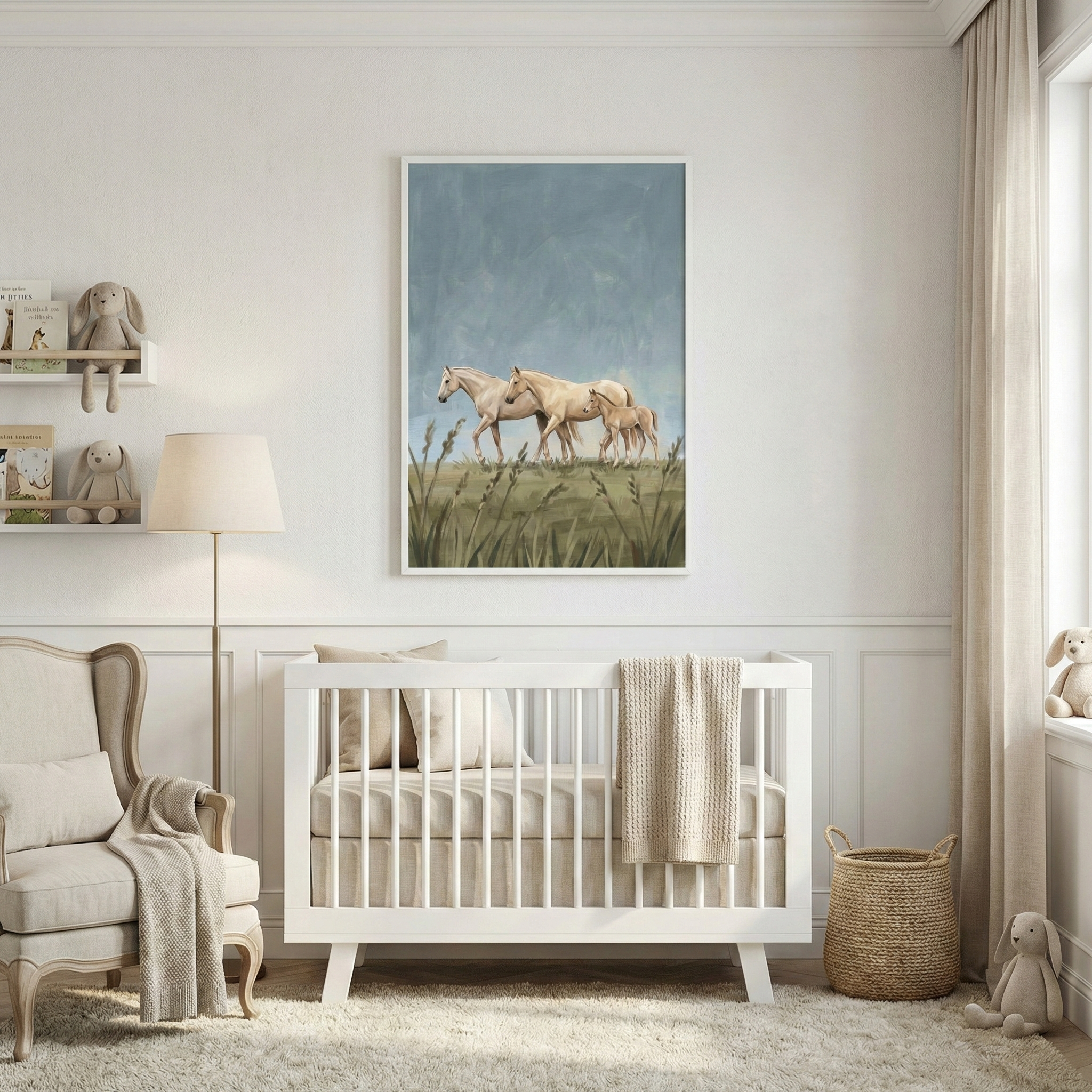 A serene nursery interior features a neutral color palette of beige, cream, and white. Centered against a paneled wall is a white wooden crib with beige bedding and a textured throw blanket. Above the crib hangs a large framed illustration depicting three light-colored horses walking through tall grass under a soft blue sky. To the left sits a plush beige armchair with a grey throw and a simple floor lamp.