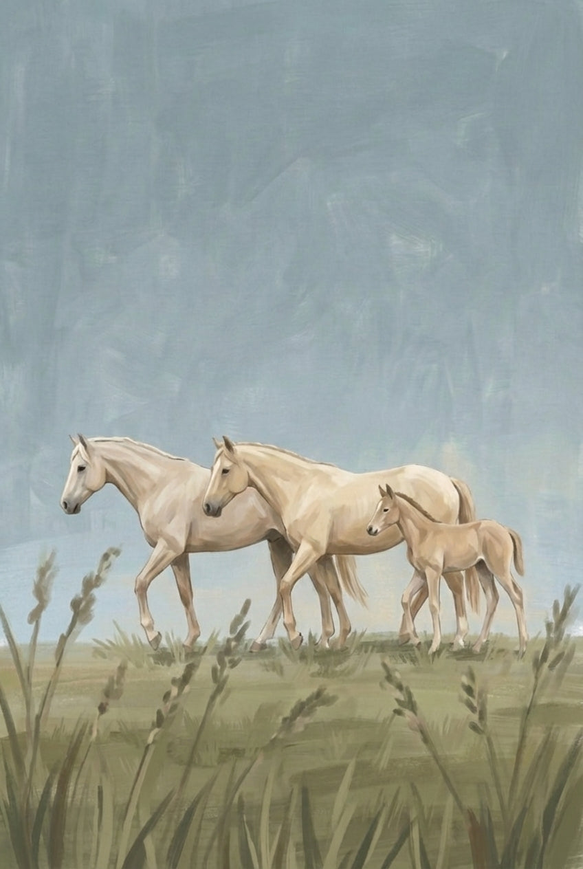 A horse family of three walks together through tall grass, side by side in peaceful unison under a soft, muted sky.
