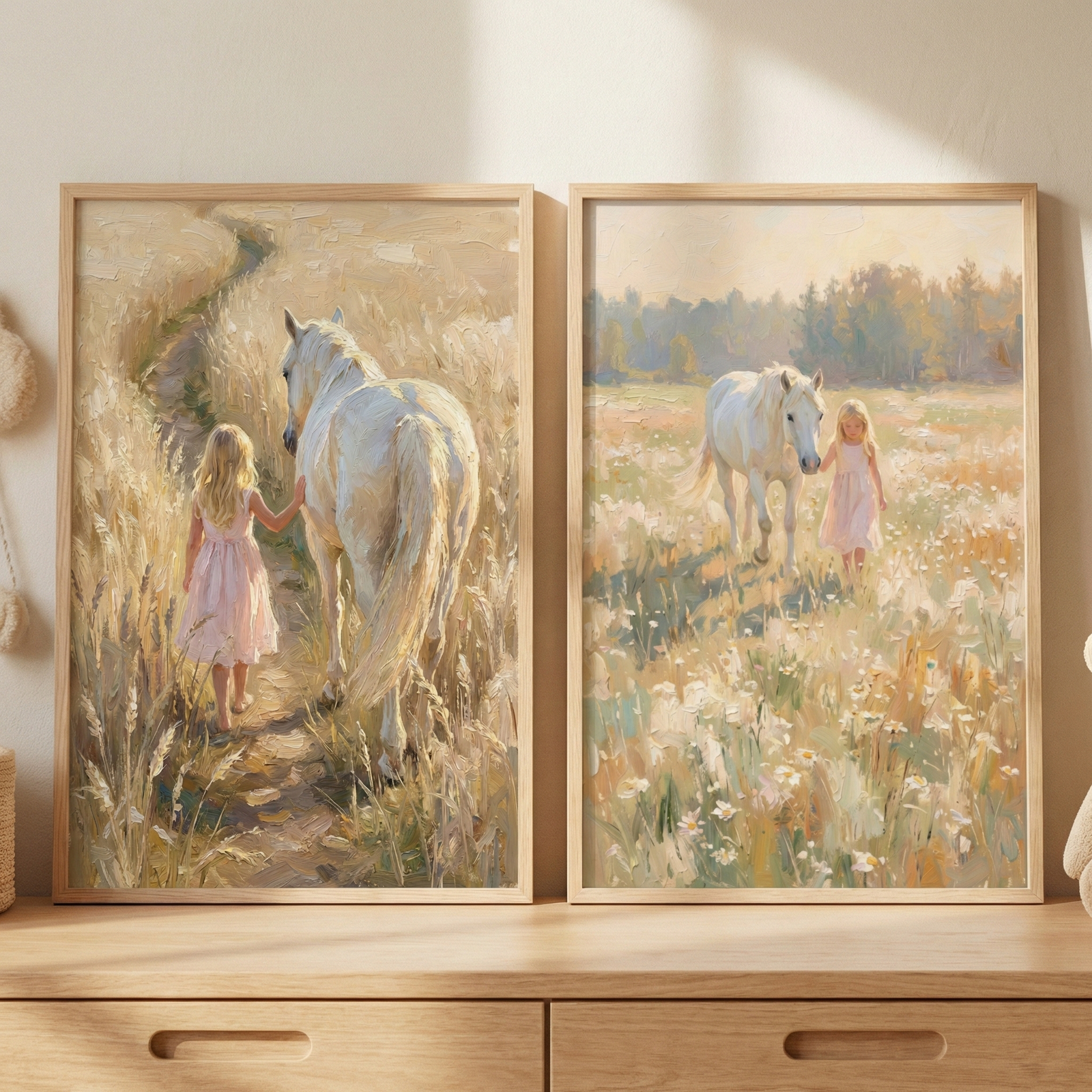 Two framed art pieces are displayed on a wooden surface against a neutral wall. The left image shows a young girl with blonde hair wearing a pink dress, walking away down a dirt path through tall grass alongside a white horse. The right image depicts a young girl in a pink dress walking toward the viewer through a meadow of wildflowers with a white horse. Both artworks have a textured, impressionistic style and are set in light wood frames.