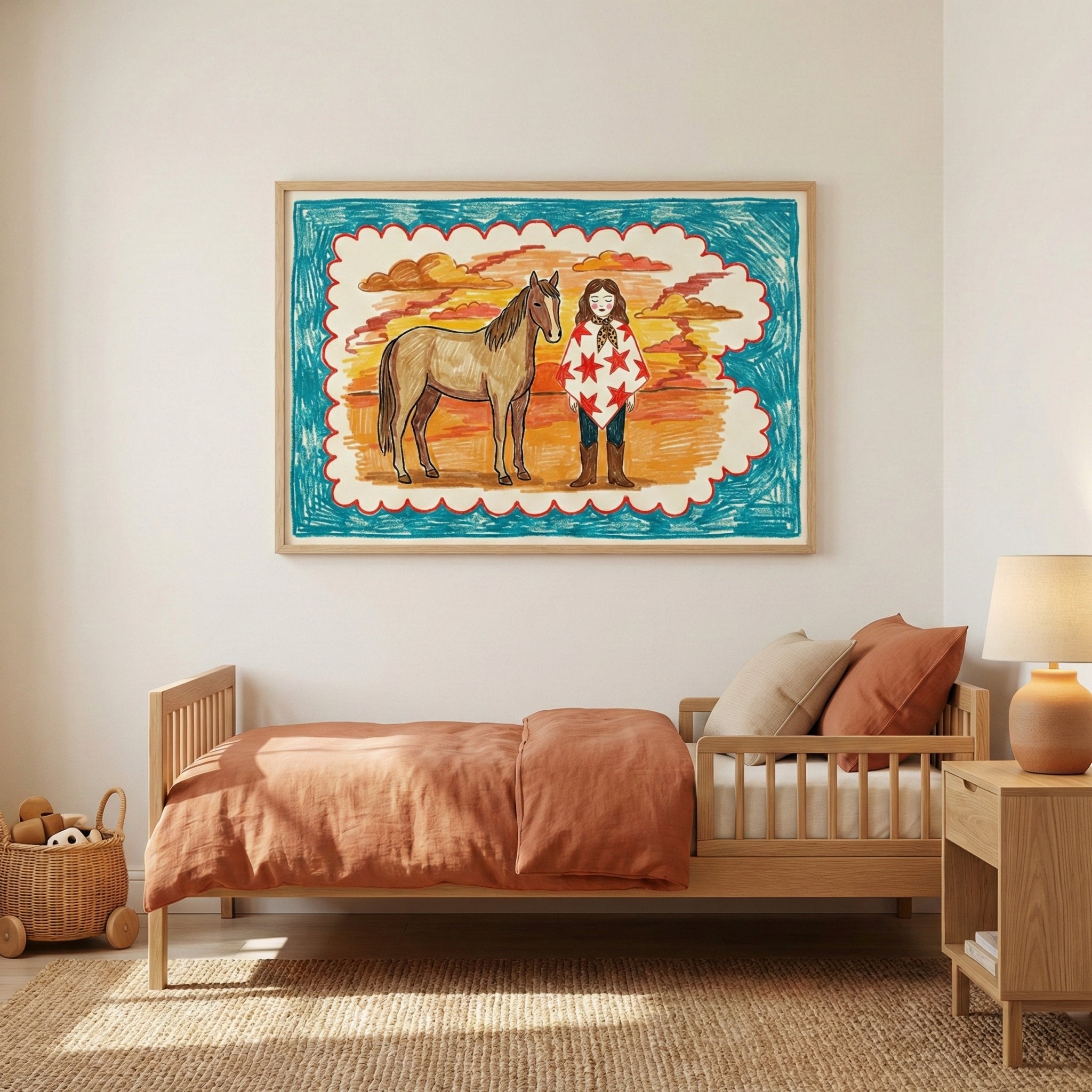 Large framed wall art featuring a stylized horse and girl with a sunset backdrop, mounted above a wooden toddler bed with rust-colored bedding in a cozy, minimalist bedroom. The vibrant art piece adds charm and color to children’s room decor.