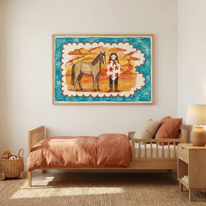 Large framed wall art featuring a stylized horse and girl with a sunset backdrop, mounted above a wooden toddler bed with rust-colored bedding in a cozy, minimalist bedroom. The vibrant art piece adds charm and color to children’s room decor.