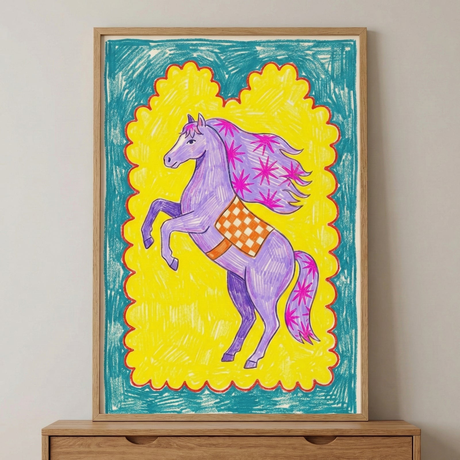 Framed crayon-style drawing of a whimsical purple horse rearing on its hind legs with a flowing pink mane and tail, set against a bright yellow and teal scalloped background. The horse wears a checkered orange saddle blanket, giving the piece a playful, childlike charm.