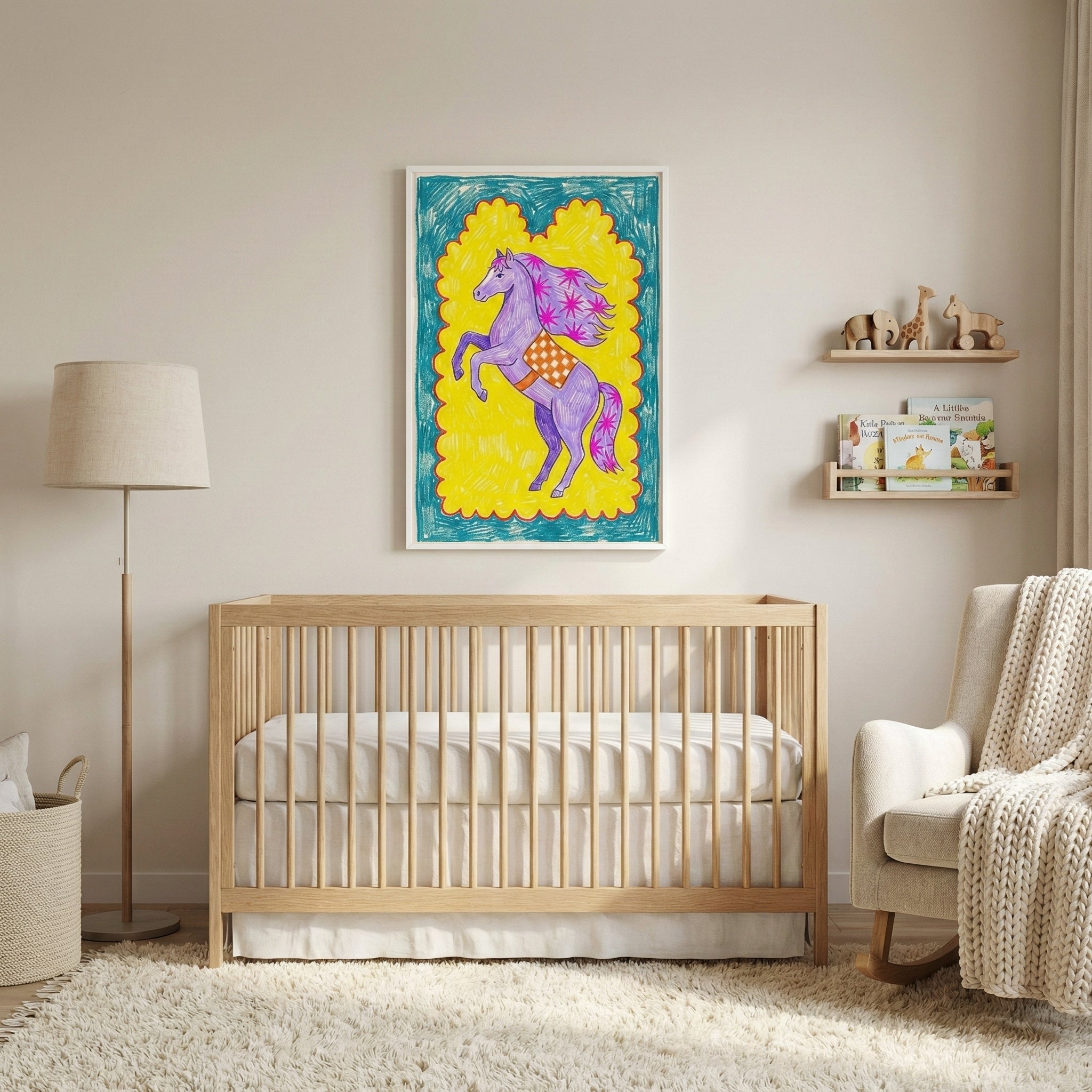 Light and cozy nursery with a framed colorful horse illustration hanging above a wooden crib. The artwork features a purple horse with a pink mane, adding a vibrant and imaginative focal point to the softly styled room.