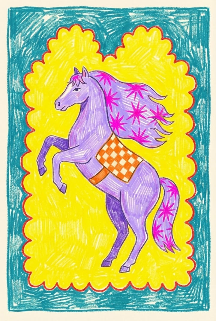 Framed crayon-style drawing of a whimsical purple horse rearing on its hind legs with a flowing pink mane and tail, set against a bright yellow and teal scalloped background. The horse wears a checkered orange saddle blanket, giving the piece a playful, childlike charm.