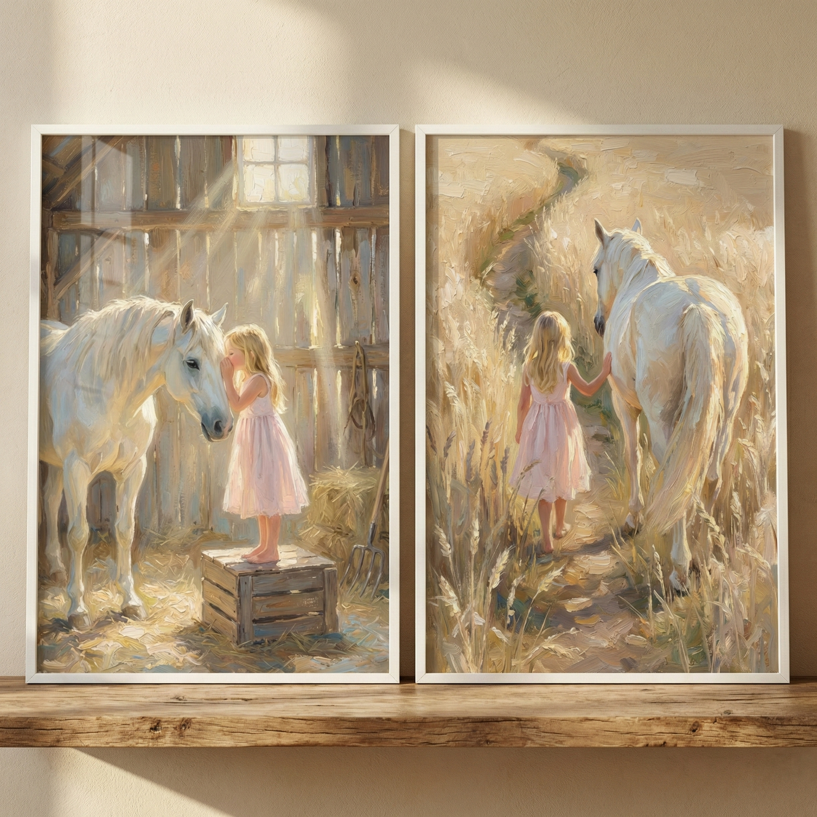 A set of two framed vertical artworks is displayed on a rustic wooden shelf against a neutral wall. Both pieces feature a young girl with long blonde hair in a light pink dress and a large white horse, depicted in a soft, textured style with warm, golden tones. The artwork on the left shows an indoor scene inside a wooden stable. 