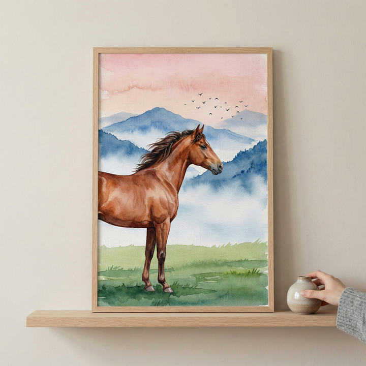 A vertical rectangular artwork in a light wood frame rests on a wooden shelf against a neutral wall. The illustration features a chestnut brown horse standing in profile in a green meadow. Blue mountains rise in the background, partially veiled by white mist. The sky transitions from soft peach to pale blue, with a small flock of birds flying above. To the right of the frame, a hand reaches for a small white ceramic vase on the shelf. The style is a gentle watercolor wash.
