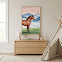 A serene child's room with neutral tones. A light wooden dresser sits against a plain wall, topped with a small white lamp, a stack of books, and a wooden horse pull toy. Above the dresser, a large framed watercolor-style illustration displays a brown horse in a lush green meadow, with layered blue mountains and a soft pink and orange sky behind it. To the right, a cream-colored fabric play tent stands on a textured beige rug. A window is visible on the left.