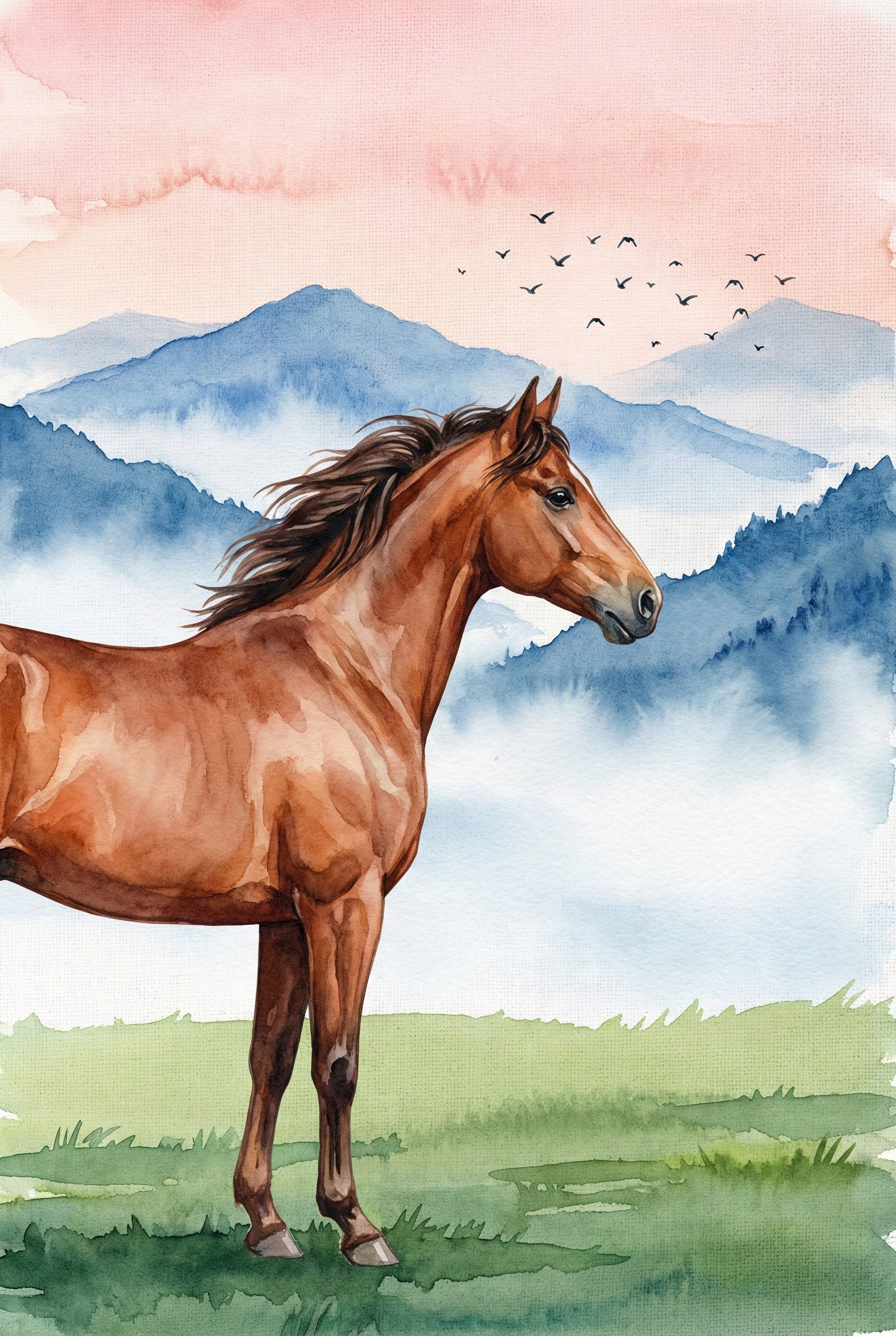 Watercolor illustration of a brown horse standing in green grass with blue misty mountains behind it and a soft pink sky overhead. A small flock of birds flies across the distance, adding movement to the peaceful landscape. The horse faces right with its mane gently lifted as if by a breeze.

