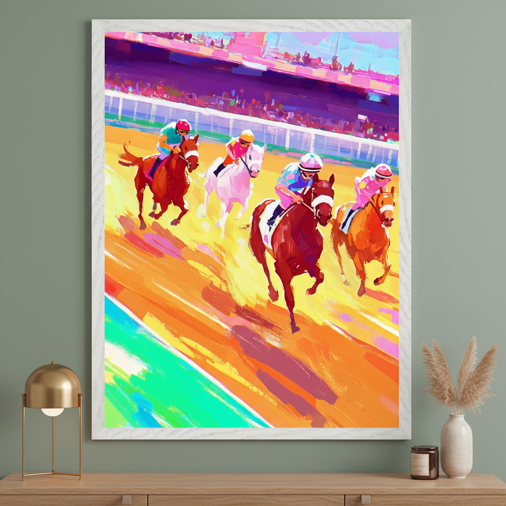 Modern room with a wooden console table. A large white-framed, vibrant, impressionistic painting depicting a horse race with multiple jockeys is centered above the table.